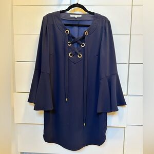 Trina Turk Navy Blue Bell Sleeve Lace-up Pullover Shift Dress - Size 10